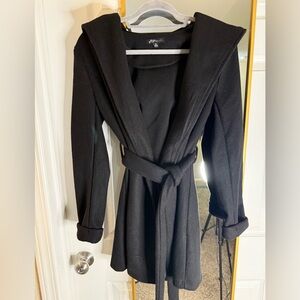 Women’s Belted Black Coat with Hood Size Small